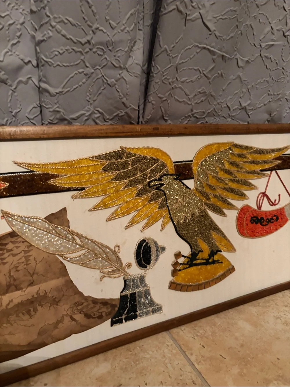 Rustic Patriotic Eagle and Rifle Wall Art - Gold, Brown, Red Vintage Gravel MCM